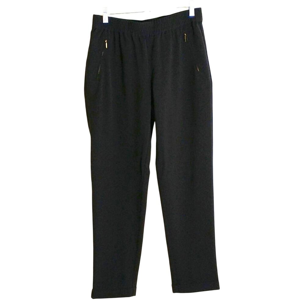 Chico's Stretch Knit Pants Wmn's Sz 4 Black Elastic Waist Zipper Pockets Cuffed